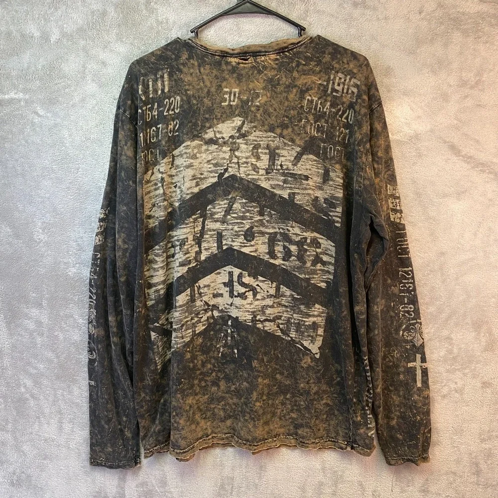 Affliction 2XL Long Sleeve Henley Black Brown Distressed Graphic Shirt